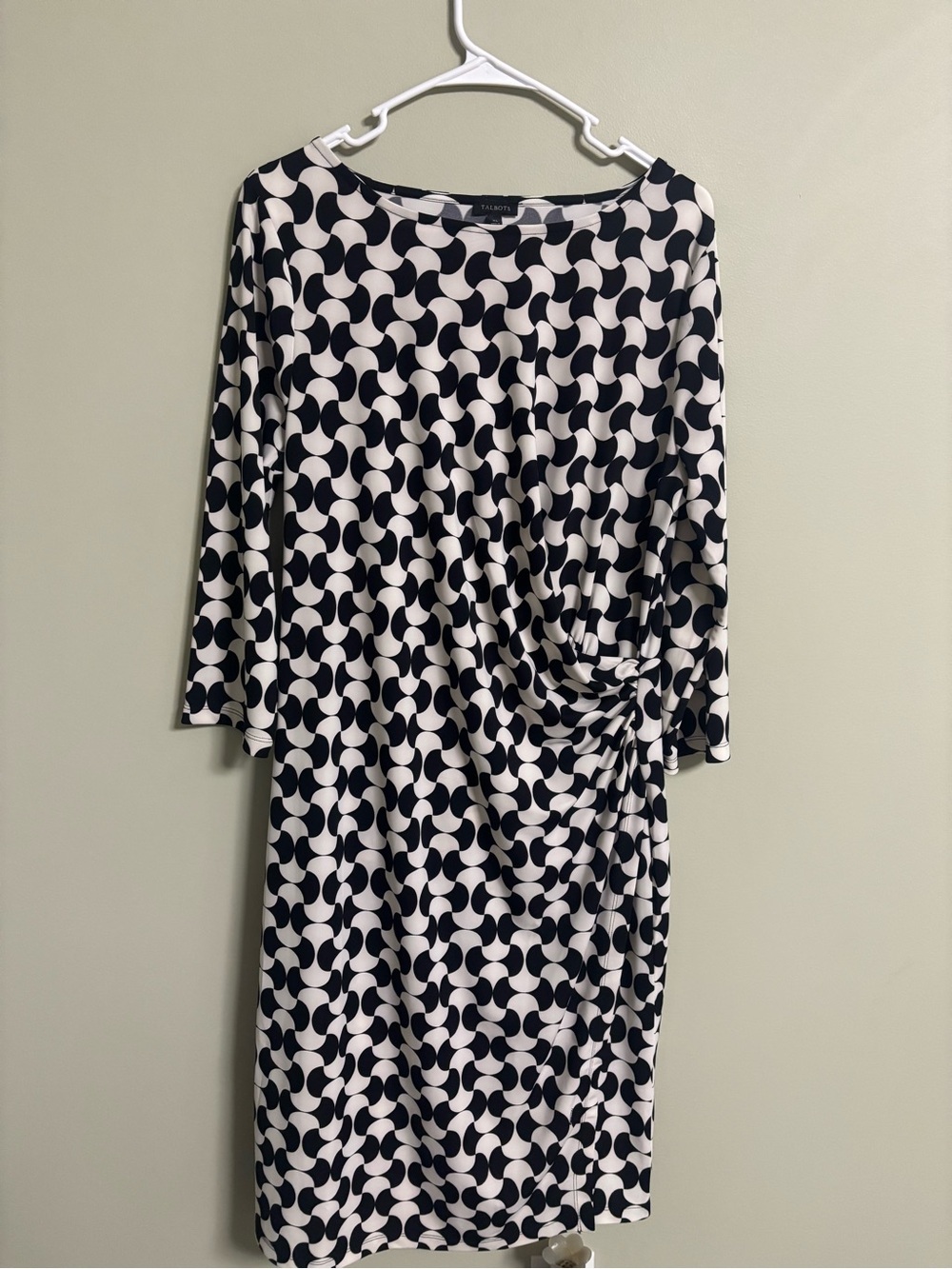Talbots Dress Size XL 16-18 Black White Jersey Stretch Faux Wrap Geometric New